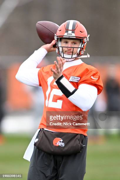 Jeff Driskel of the Cleveland Browns throws a pass during a practice at CrossCountry Mortgage Campus on January 04, 2023 in Berea, Ohio.