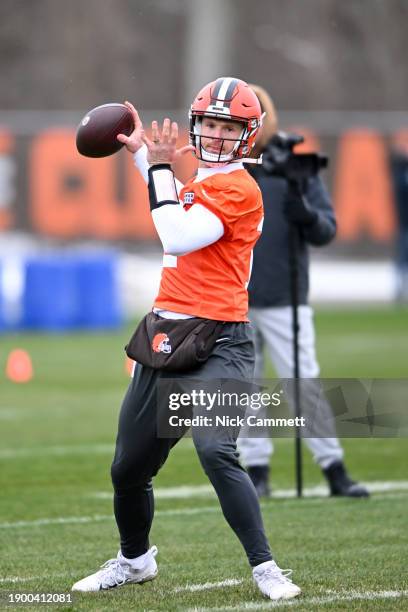 Jeff Driskel of the Cleveland Browns throws a pass during a practice at CrossCountry Mortgage Campus on January 04, 2023 in Berea, Ohio.