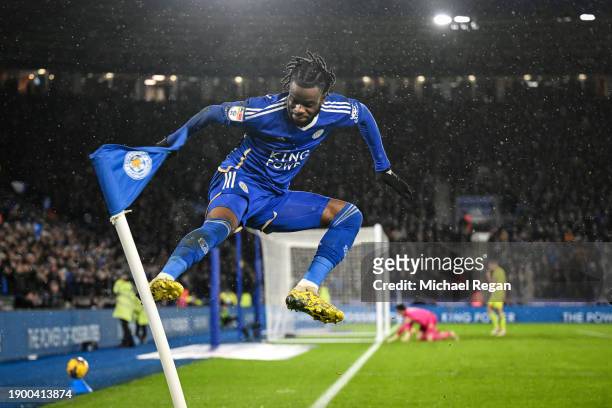 Stephy Mavididi of Leicester City celebrates after scoring their sides fourth goal during the Sky Bet Championship match between Leicester City and...