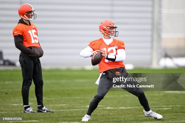 Jeff Driskel of the Cleveland Browns throws a pass during a practice at CrossCountry Mortgage Campus on January 04, 2023 in Berea, Ohio.