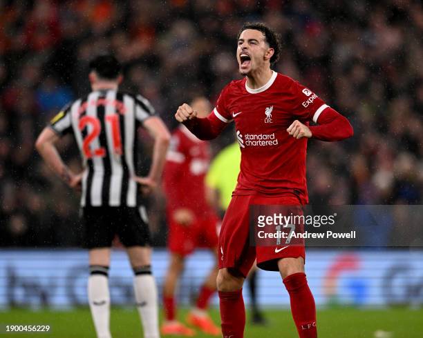 Curtis Jones of Liverpool celebrates after scoring the second goal during the Premier League match between Liverpool FC and Newcastle United at...