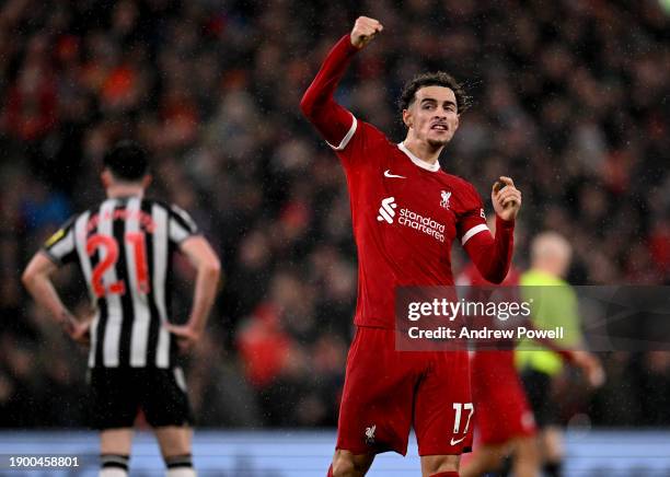 Curtis Jones of Liverpool celebrates after scoring the second goal during the Premier League match between Liverpool FC and Newcastle United at...