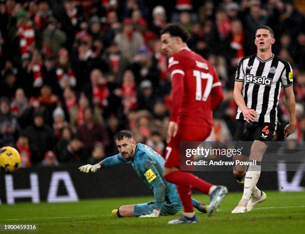 Martin Dubravka of Newcastle United watching Curtis Jones of Liverpool score the second goal making the score 2-1 during the Premier League match...