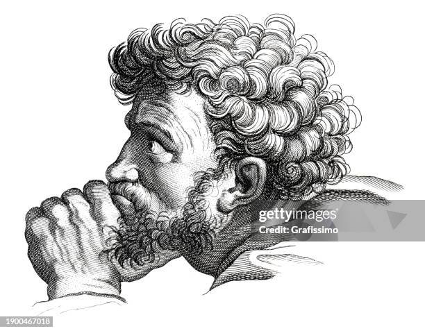 menschlicher kopf mann denkt zeichnung skizze aus raffael kupferstich 1722 - moses religiöse figur stock-grafiken, -clipart, -cartoons und -symbole