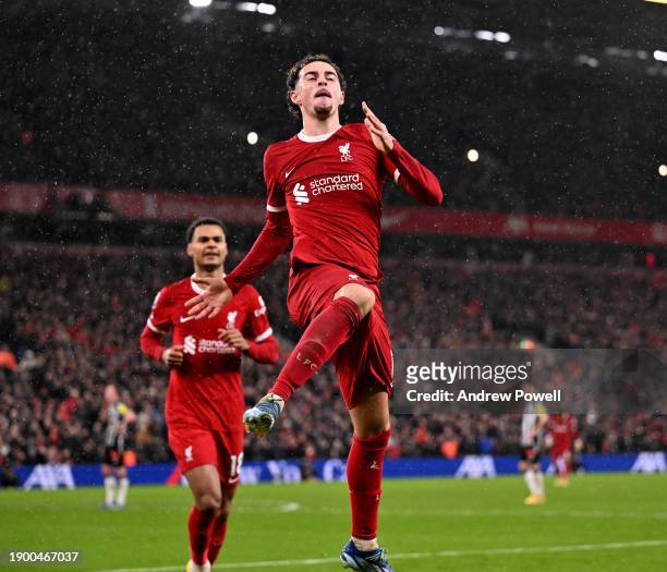 Curtis Jones of Liverpool celebrates after scoring the second goal during the Premier League match between Liverpool FC and Newcastle United at...