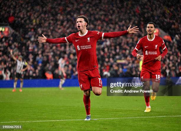 Curtis Jones of Liverpool celebrates after scoring the second goal during the Premier League match between Liverpool FC and Newcastle United at...