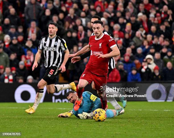 Diogo Jota of Liverpool brought down for a penalty by Martin Dubravka of Newcastle United during the Premier League match between Liverpool FC and...
