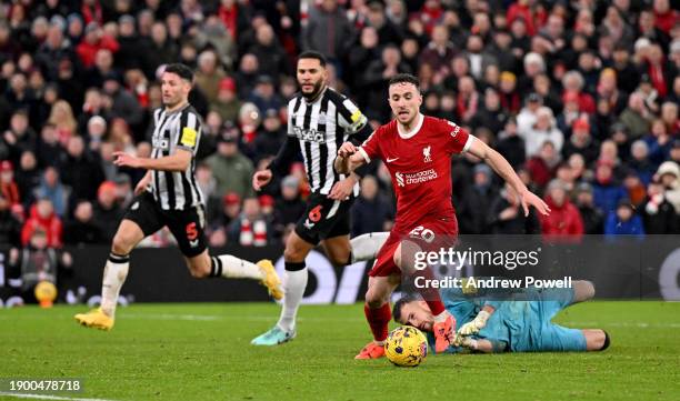 Diogo Jota of Liverpool brought down for a penalty by Martin Dubravka of Newcastle United during the Premier League match between Liverpool FC and...