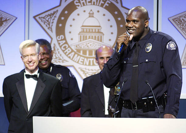 Los Angeles Lakers center Shaquille O'Neal speaks to guests at the 2nd Annual "California Gold Star Awards" dinner gala and auction at the Disneyland...