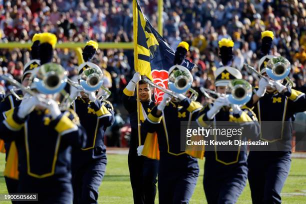 The Michigan Wolverines marching band performs before the CFP Semifinal Rose Bowl Game between the Alabama Crimson Tide and the Michigan Wolverines...