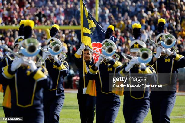The Michigan Wolverines marching band performs before the CFP Semifinal Rose Bowl Game between the Alabama Crimson Tide and the Michigan Wolverines...