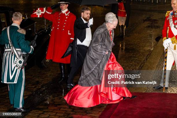 Queen Margrethe of Denmark arrives at Amalienborg Palace for the traditional new year reception on January 1, 2024 in Copenhagen, Denmark.