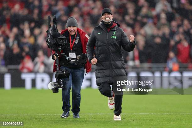 Juergen Klopp, Manager of Liverpool, celebrates following their sides victory after the Premier League match between Liverpool FC and Newcastle...