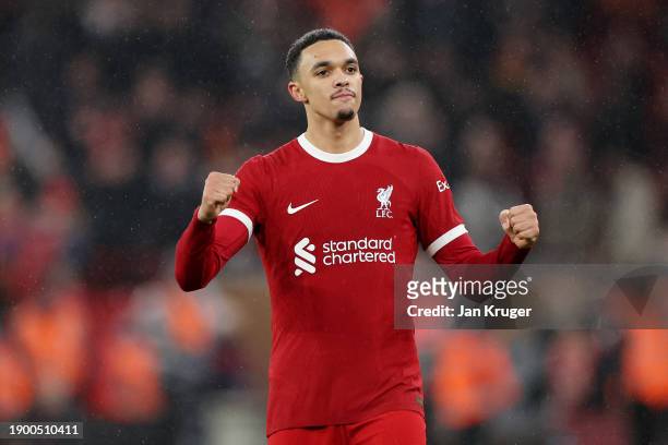 Trent Alexander-Arnold of Liverpool celebrates following their sides victory after the Premier League match between Liverpool FC and Newcastle United...