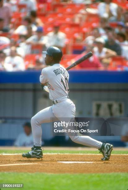 Bip Roberts of the San Diego Padres bats against the New York Mets during Major League Baseball game circa 1995 at Shea Stadium in the Queens borough...