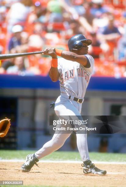 Bip Roberts of the San Diego Padres bats against the New York Mets during Major League Baseball game circa 1995 at Shea Stadium in the Queens borough...