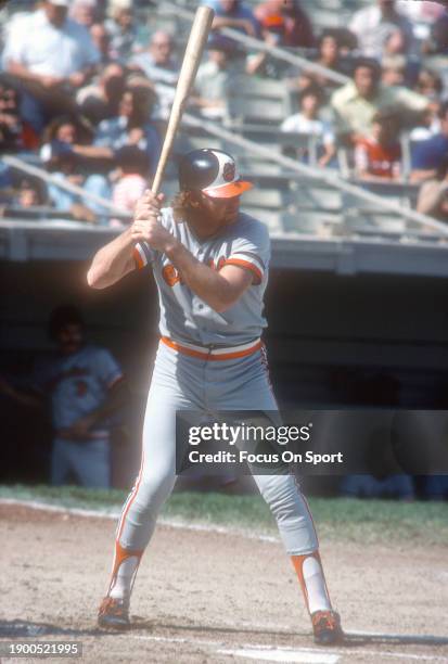 Dave Duncan of the Baltimore Orioles bats against the New York Yankees during Major League Baseball game circa 1975 at Shea Stadium in the Queens...