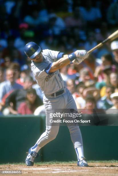 Edgar Martínez of the Seattle Mariners bats against the Boston Red Sox during Major League Baseball game circa 1991 at Fenway Park in Boston,...