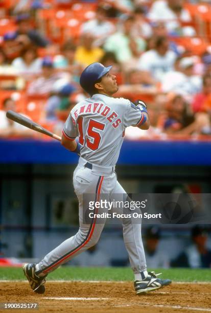 Freddie Benavides of the Montreal Expos bats against the New York Mets during Major League Baseball game circa 1994 at Shea Stadium in the Queens...