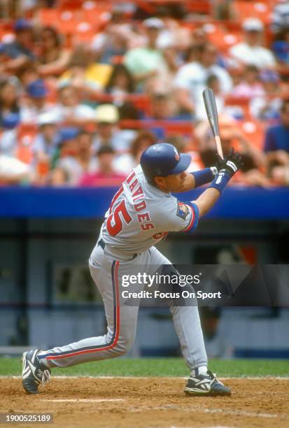 Freddie Benavides of the Montreal Expos bats against the New York Mets during Major League Baseball game circa 1994 at Shea Stadium in the Queens...