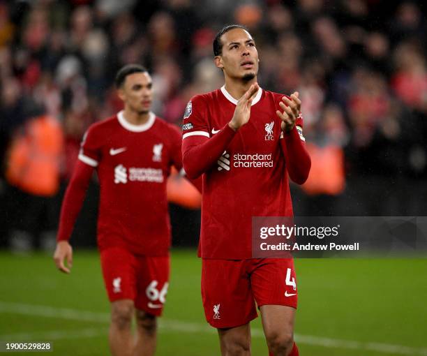 Virgil van Dijk captain of Liverpool showing his appreciation to the fans at the end of the Premier League match between Liverpool FC and Newcastle...