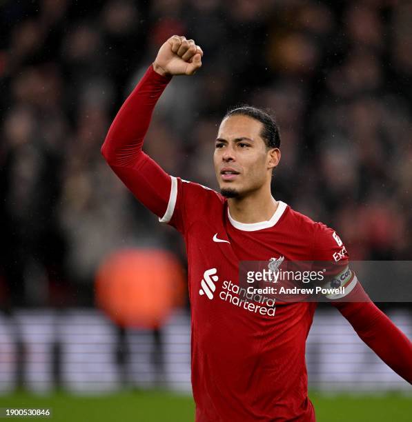 Virgil van Dijk captain of Liverpool showing his appreciation to the fans at the end of the Premier League match between Liverpool FC and Newcastle...