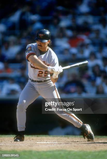 Rafael Palmeiro of the Baltimore Orioles bats against the New York Yankees during a Major League Baseball game circa 1994 at Yankee Stadium in the...