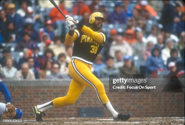 Dave Parker of the Pittsburgh Pirates bats against the Chicago Cubs during a Major League Baseball game circa 1979 at Wrigley Field in Chicago,...