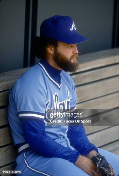 Glenn Hubbard of Atlanta Braves looks on from the dugout against the Cincinnati Reds during a Major League Baseball game circa 1983 at Riverfront...