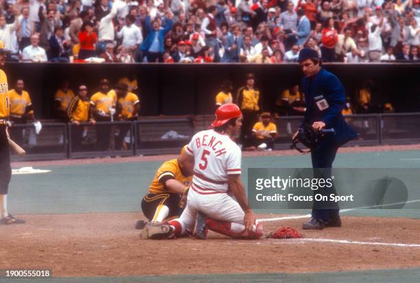 Johnny Bench of the Cincinnati Reds in action against the Pittsburgh Pirates during a Major League Baseball game circa 1977 at Riverfront Stadium in...