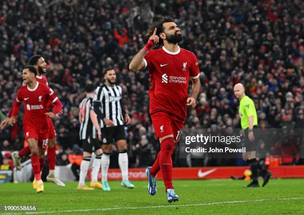 Mohamed Salah of Liverpool celebrates after scoring the fourth Liverpool goal during the Premier League match between Liverpool FC and Newcastle...