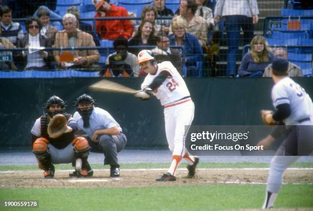 Rick Dempsey of the Baltimore Orioles bats against the New York Yankees during an Major League Baseball game circa 1981 at Memorial Stadium in...