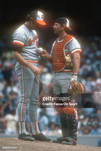 Rick Dempsey of the Baltimore Orioles standing on the mound talking with his pitcher against the New York Yankees during an Major League Baseball...
