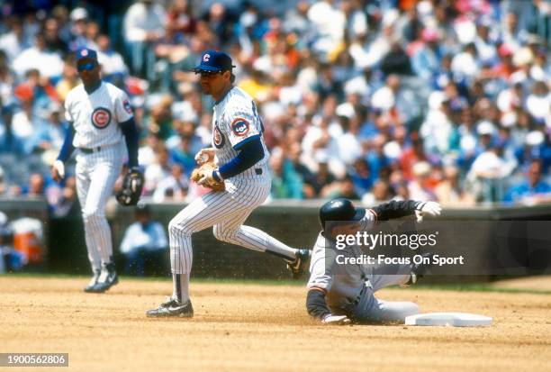 Ryne Sandberg of the Chicago Cubs in action against the San Francisco Giants during a Major League Baseball game circa 1993 at Wrigley Field in...