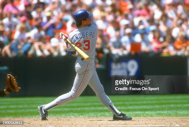 Ryne Sandberg of the Chicago Cubs bats against the San Francisco Giants during a Major League Baseball game circa 1992 at Candlestick Park in San...