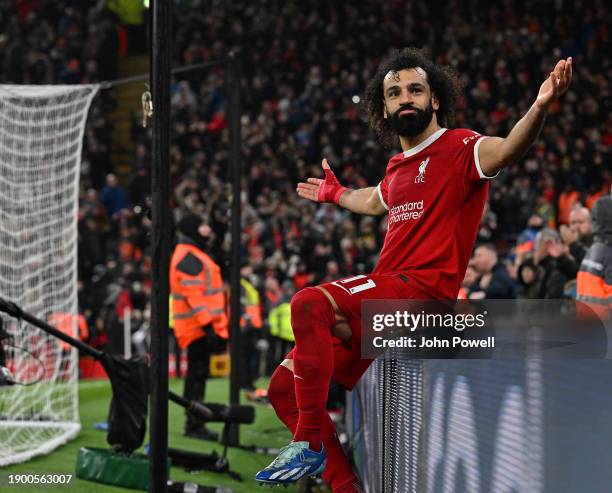 Mohamed Salah of Liverpool celebrates after scoring the fourth Liverpool goal during the Premier League match between Liverpool FC and Newcastle...