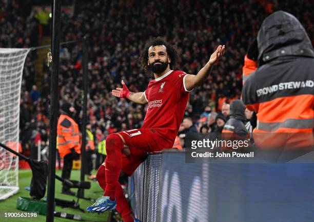 Mohamed Salah of Liverpool celebrates after scoring the fourth Liverpool goal during the Premier League match between Liverpool FC and Newcastle...