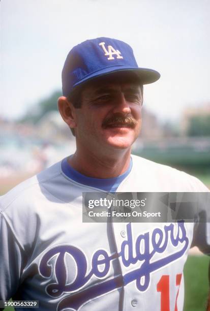 Rick Dempsey of the Los Angeles Dodgers looks on prior to the start of a Major League Baseball game against the Chicago Cubs circa 1990 at Wrigley...