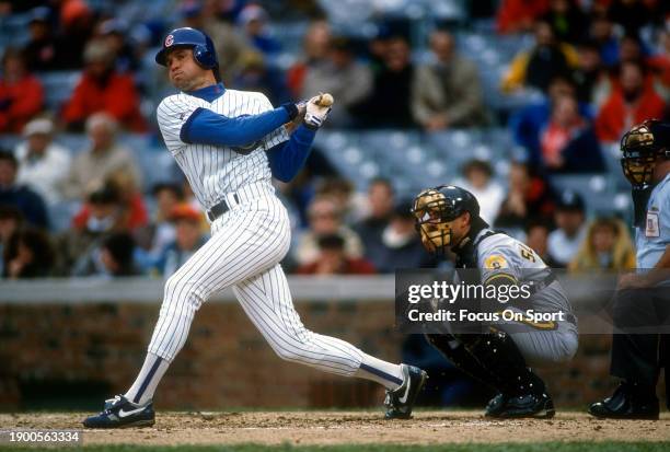 Ryne Sandberg of the Chicago Cubs bats against the Pittsburgh Pirates during a Major League Baseball game circa 1992 at Wrigley Field in Chicago,...