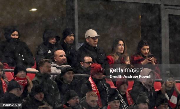 Fabinho and Roberto Firmino ex Liverpool players watching from the stands during the Premier League match between Liverpool FC and Newcastle United...