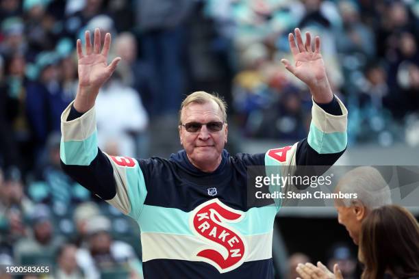 Former Seattle Supersonics player Jack Sikma is honored during the second intermission during the game between the Seattle Kraken and the Vegas...