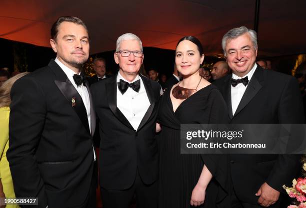 Leonardo DiCaprio, Tim Cook, CEO of Apple, Lily Gladstone and Eddy Cue, Apple's Senior Vice President of Services, celebrate Apple Original Films'...