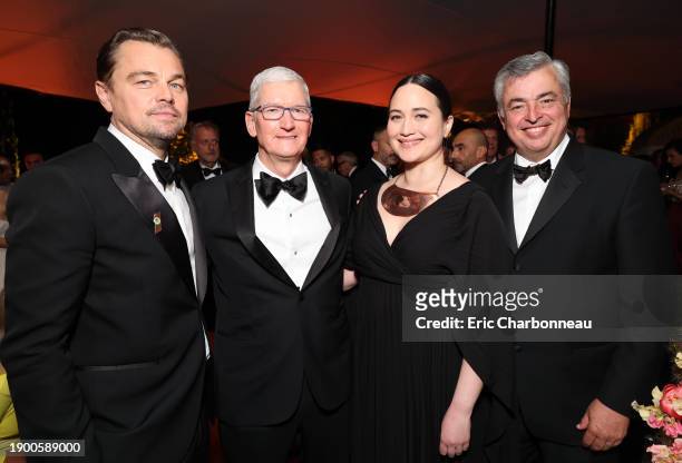 Leonardo DiCaprio, Tim Cook, CEO of Apple, Lily Gladstone and Eddy Cue, Apple's Senior Vice President of Services, celebrate Apple Original Films'...