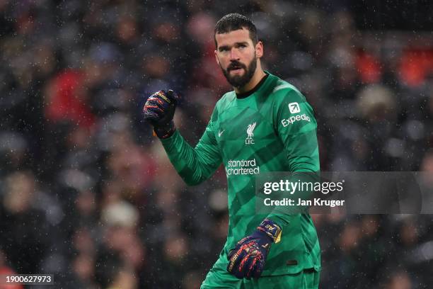 Alisson Becker of Liverpool celebrates the first goal during the Premier League match between Liverpool FC and Newcastle United at Anfield on January...