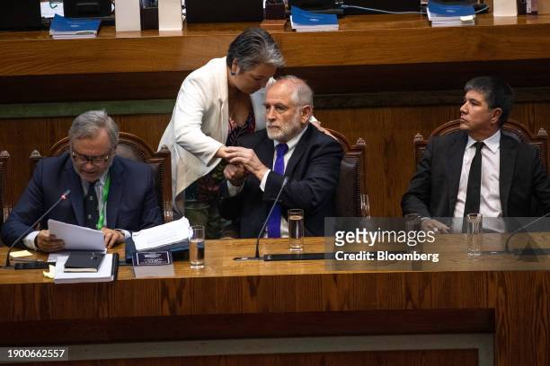 Pablo Ruiz Tagle, lawyer of Carlos Montes, from left, Jeannette Jara, Chile's labor and social security minister, Carlos Montes, Chile's housing...