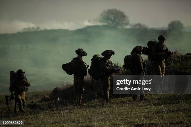 Israeli reserve combat soldiers of the Alexandroni brigade during a training exercise simulating operational scenarios on the Lebanese front...