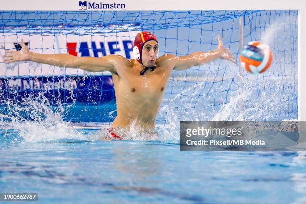 Unai Aguirre Rubio of Spain sets to defends a penalty shot during the Men's European Water Polo Championship Preliminary Round Group A match between...