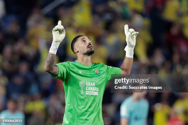 Alvaro Valles of UD Las Palmas celebrates 1-0 during the LaLiga EA Sports match between Las Palmas v FC Barcelona at the Gran Canaria Stadium on...