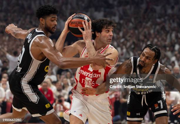 Milos Teodosic, #4 of Crvena Zvezda Meridianbet Belgrade in action against Bruno Caboclo, #50 of Partizan Mozzart Bet Belgrade and Kevin Punter, #7...