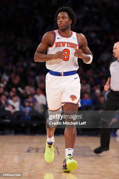 Anunoby of the New York Knicks looks on as he runs up the court against the Minnesota Timberwolves at Madison Square Garden on January 1, 2024 in New...